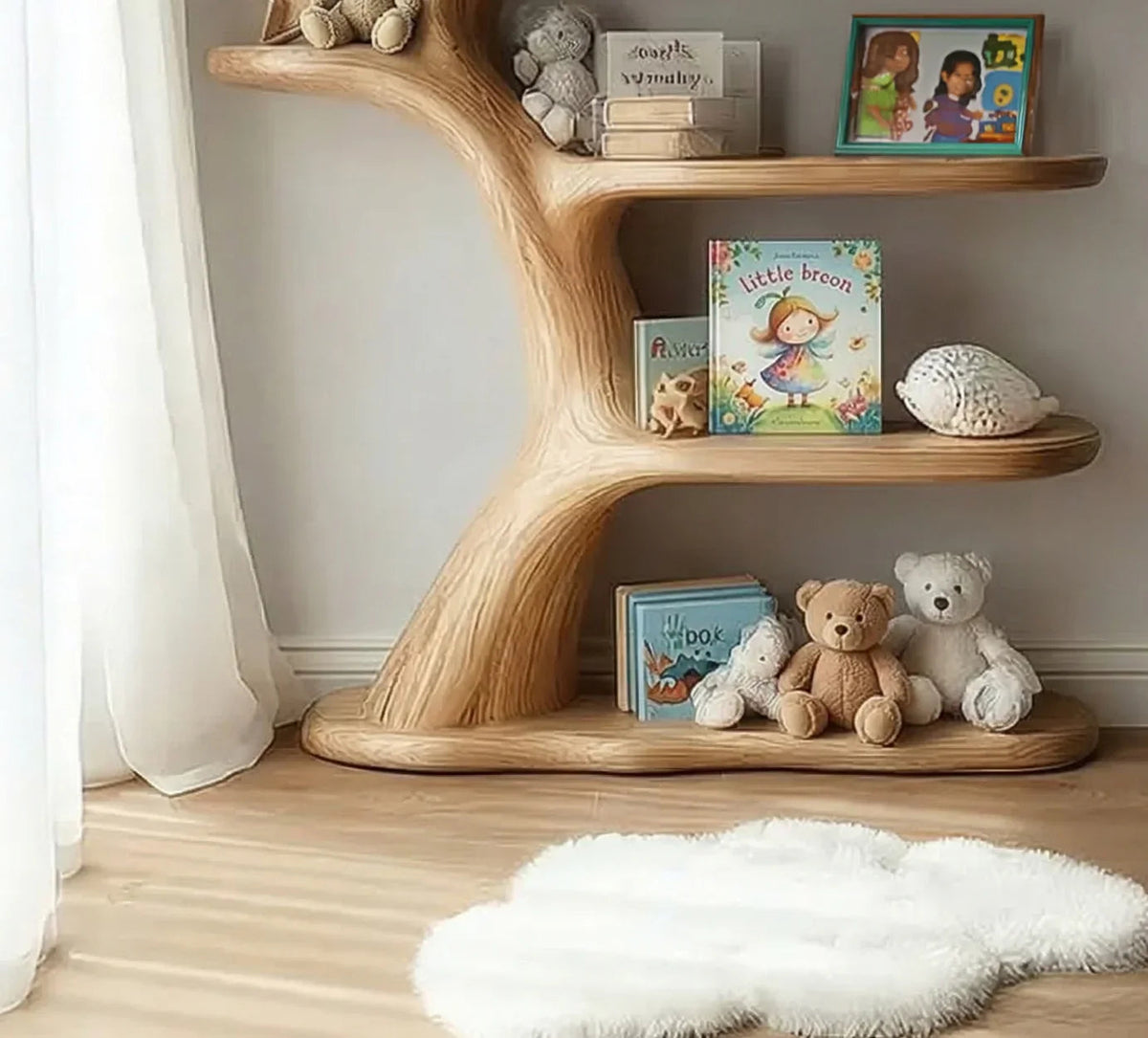 Handgemaakt massief houten wandrek in de kinderkamer met speelgoed en boeken