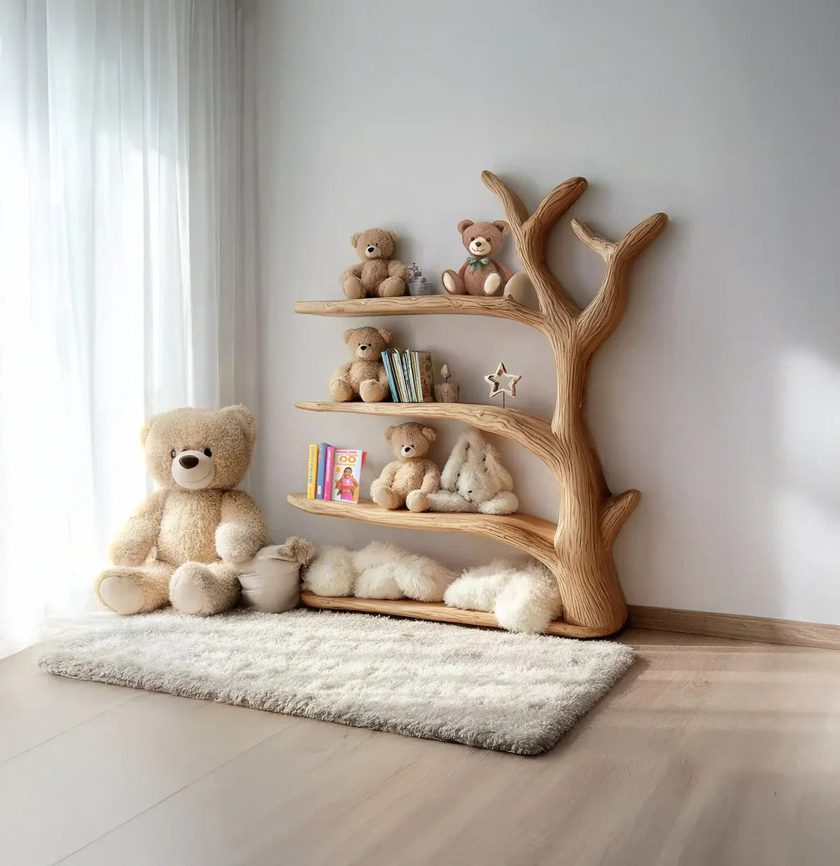 Houten boom wandplank in een babykamer met kinderboeken en speelgoed