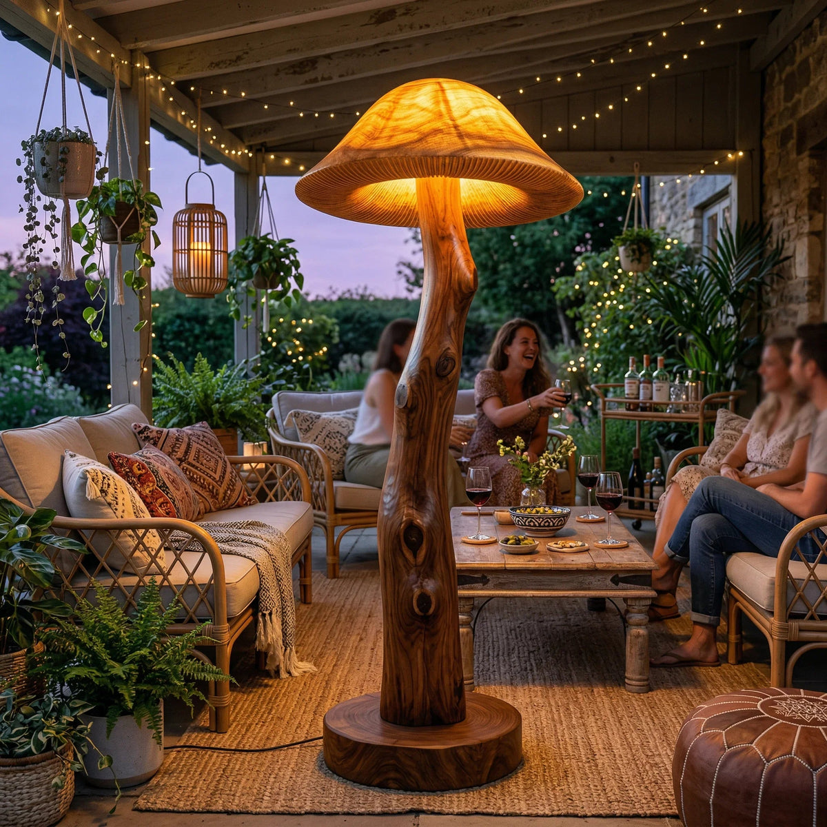 Translucent wood mushroom floor lamp with glowing cap and gill detail on live-edge log stem and walnut disc base, set in a cozy outdoor patio scene with people enjoying a gathering.