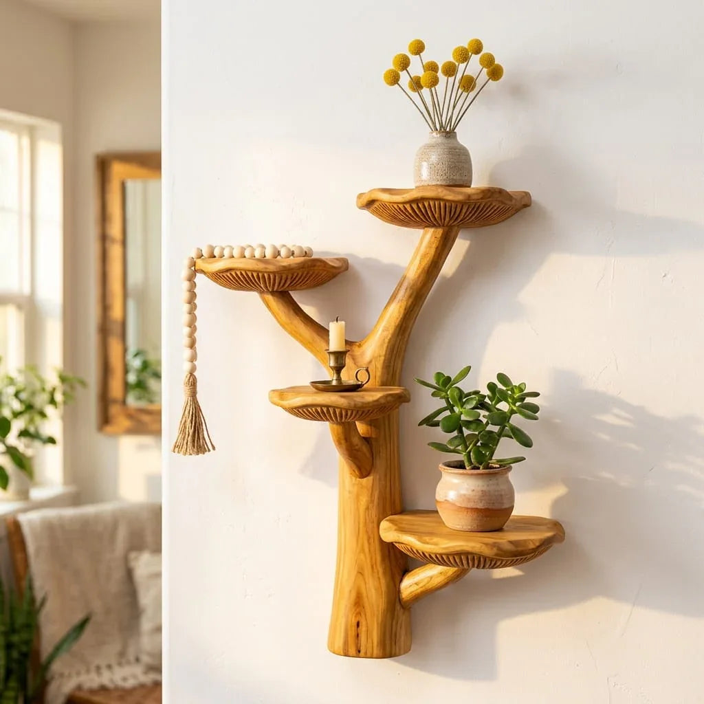 Gevorkte massief houten wandplank met Y-splitsing en vier paddenstoel plateaus