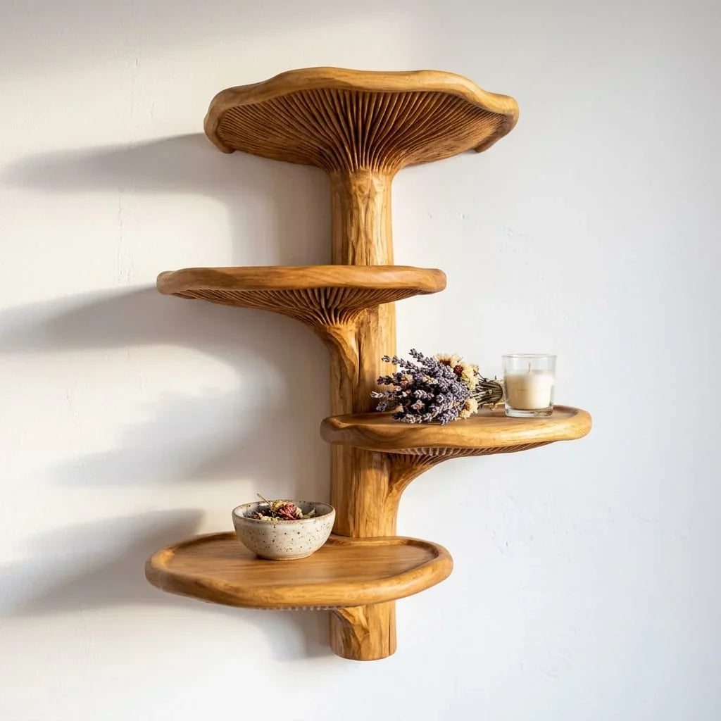 Trapsgewijze oesterzwam wandplank van massief hout met zichtbare lamellen