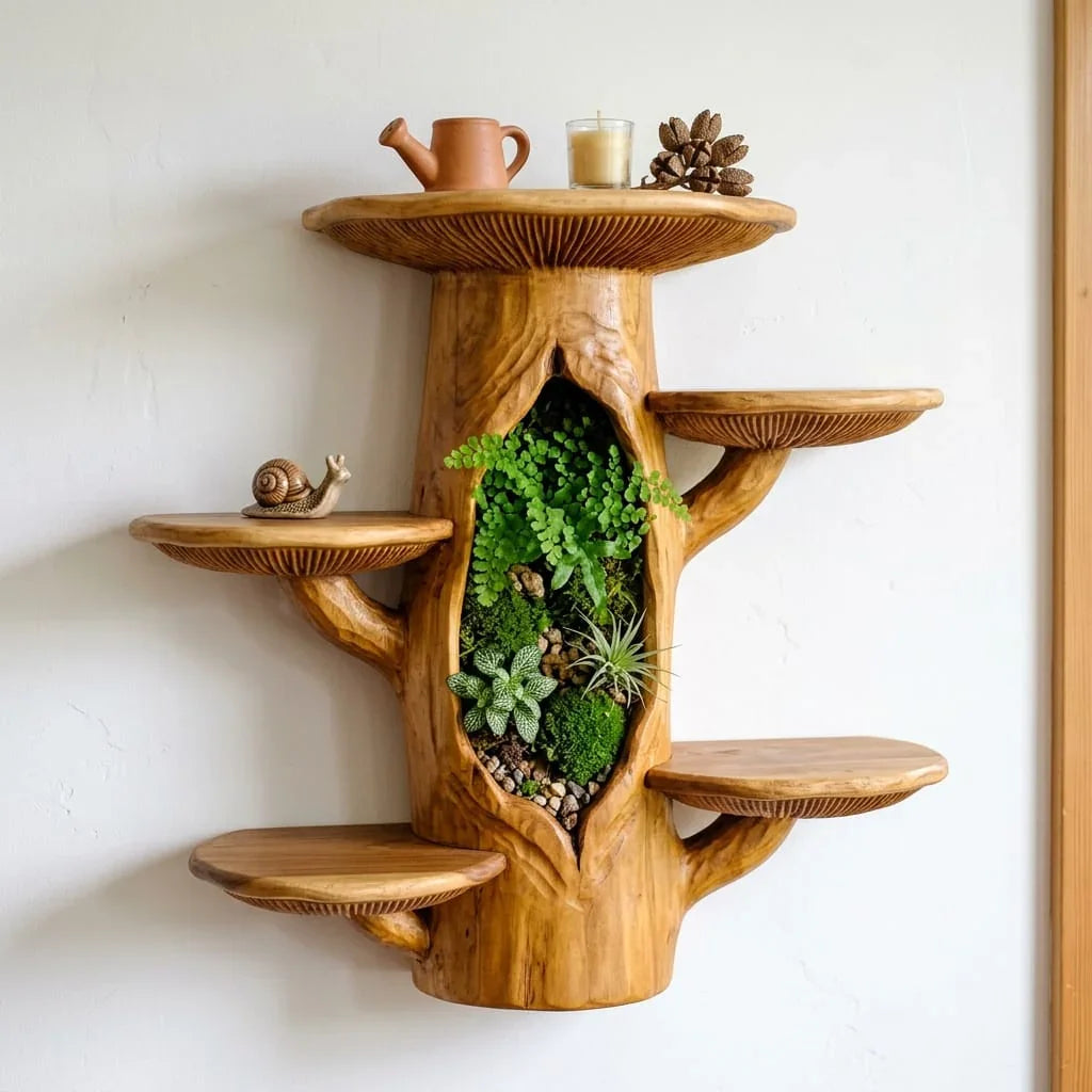 Houten boomstam wandplank met terrarium nis en paddenstoel plateaus