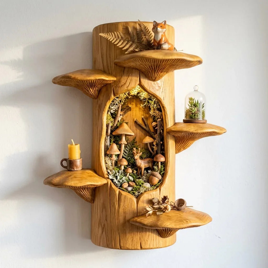 Wandplank van massief hout met bosnis en zes paddenstoel plateaus