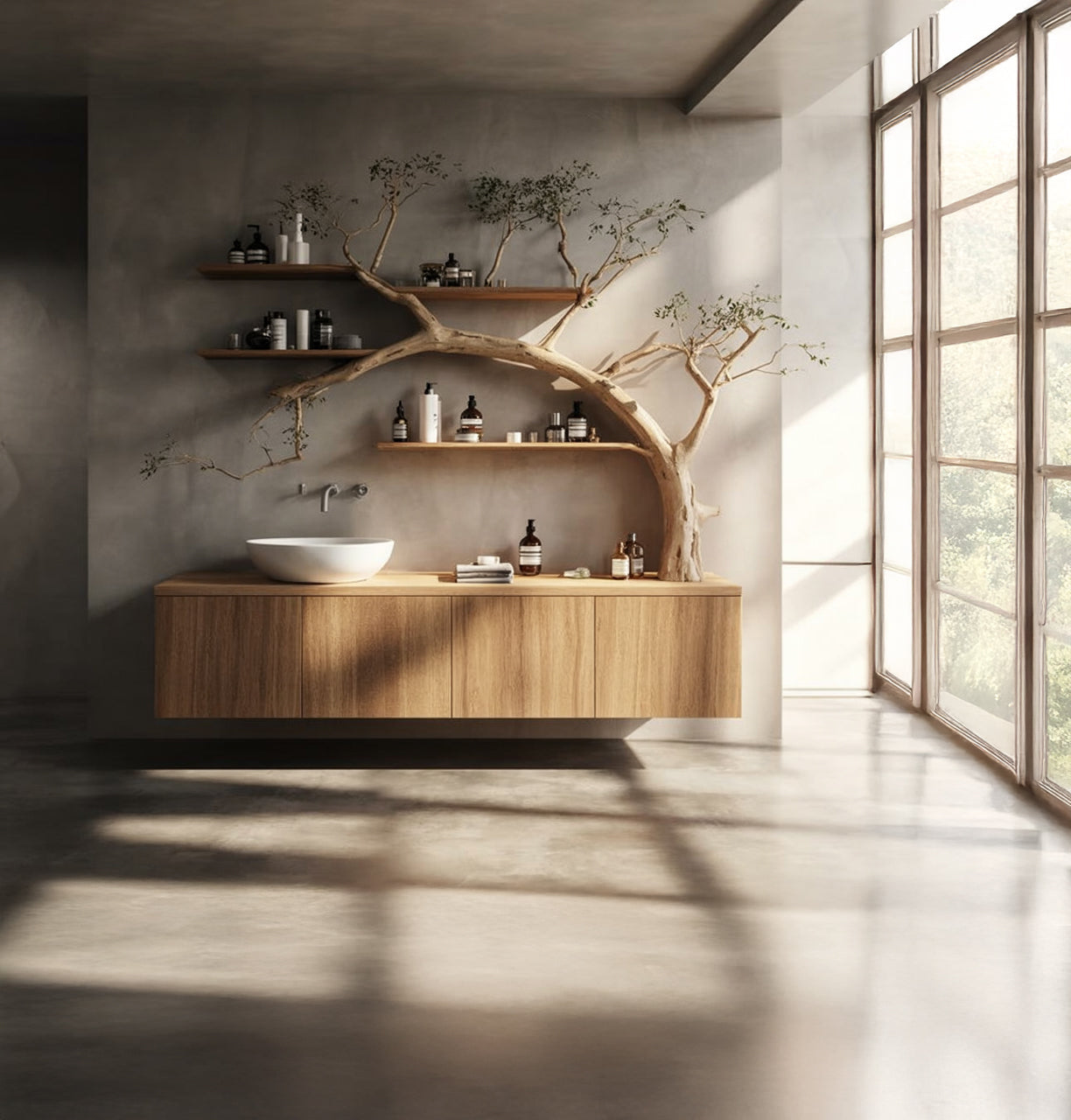 Takken Houten Badkamermeubel met Zwevende Planken – Massief Houten Console