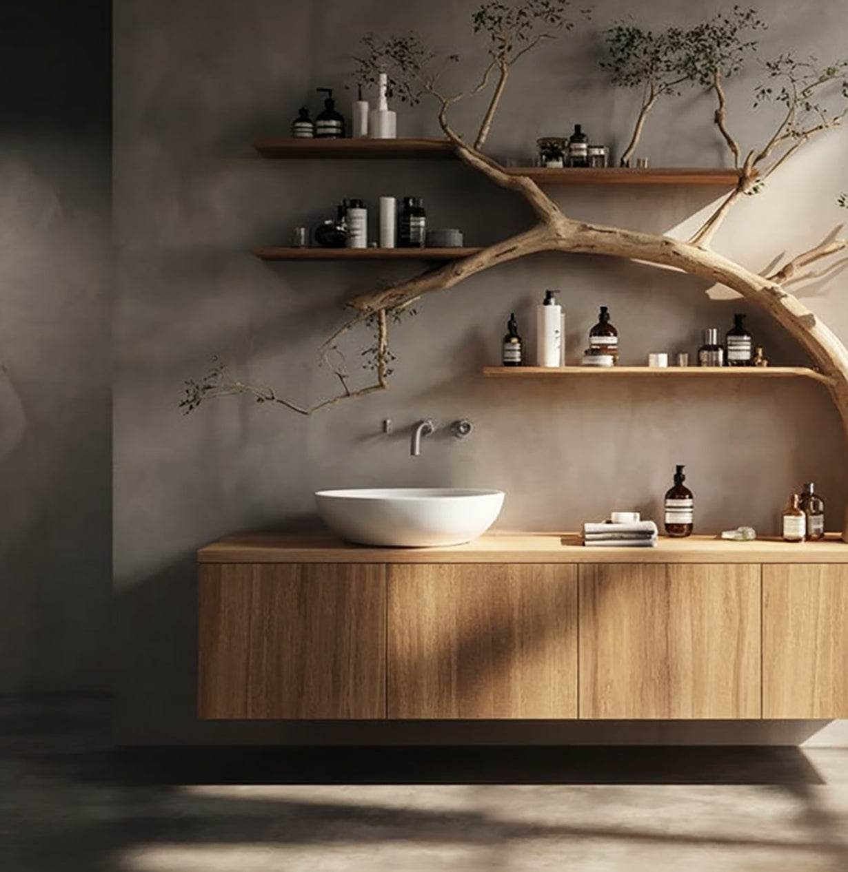 Takken Houten Badkamermeubel met Zwevende Planken – Massief Houten Console