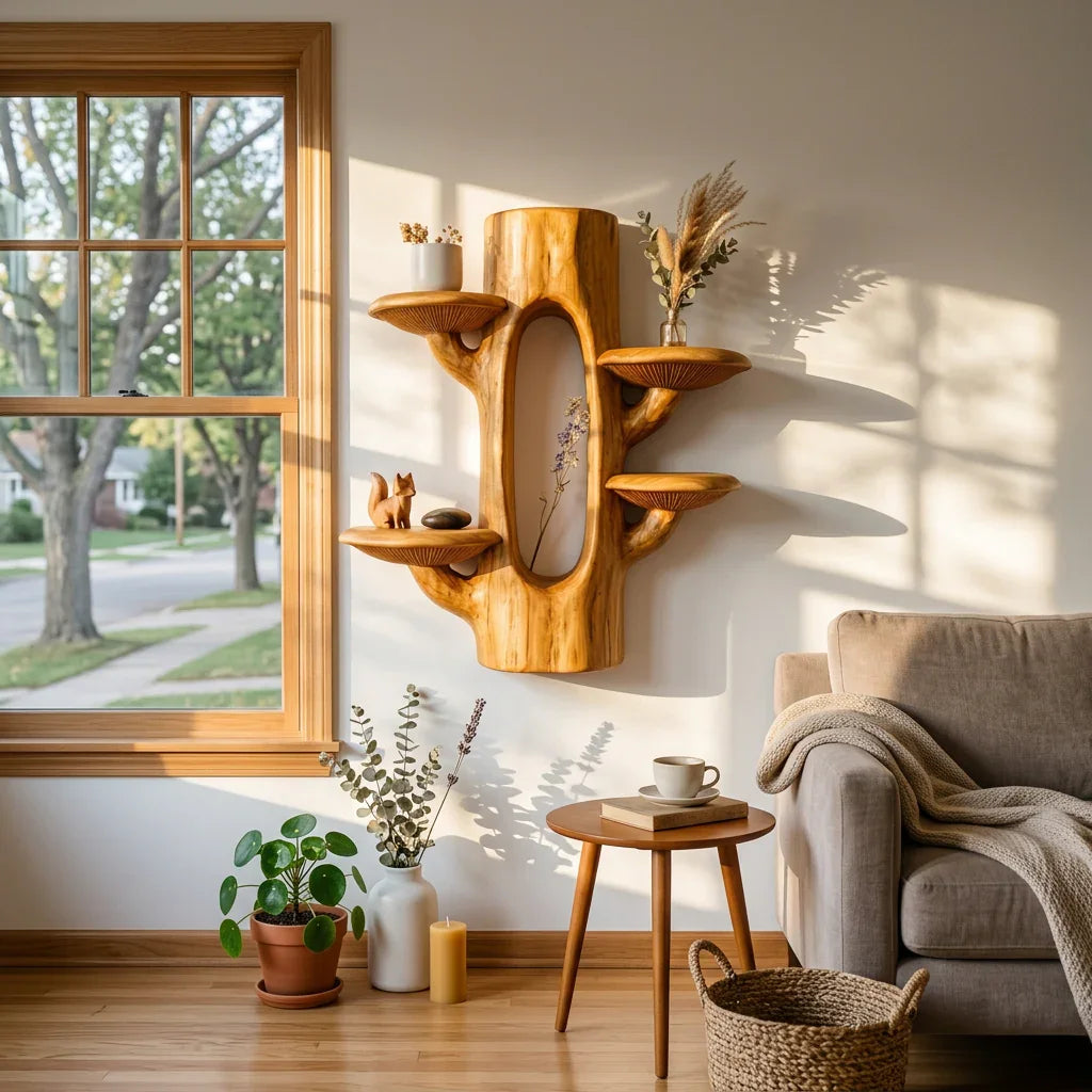 Massief houten boomstam wandplank met uitgesneden displaynis en paddenstoelen