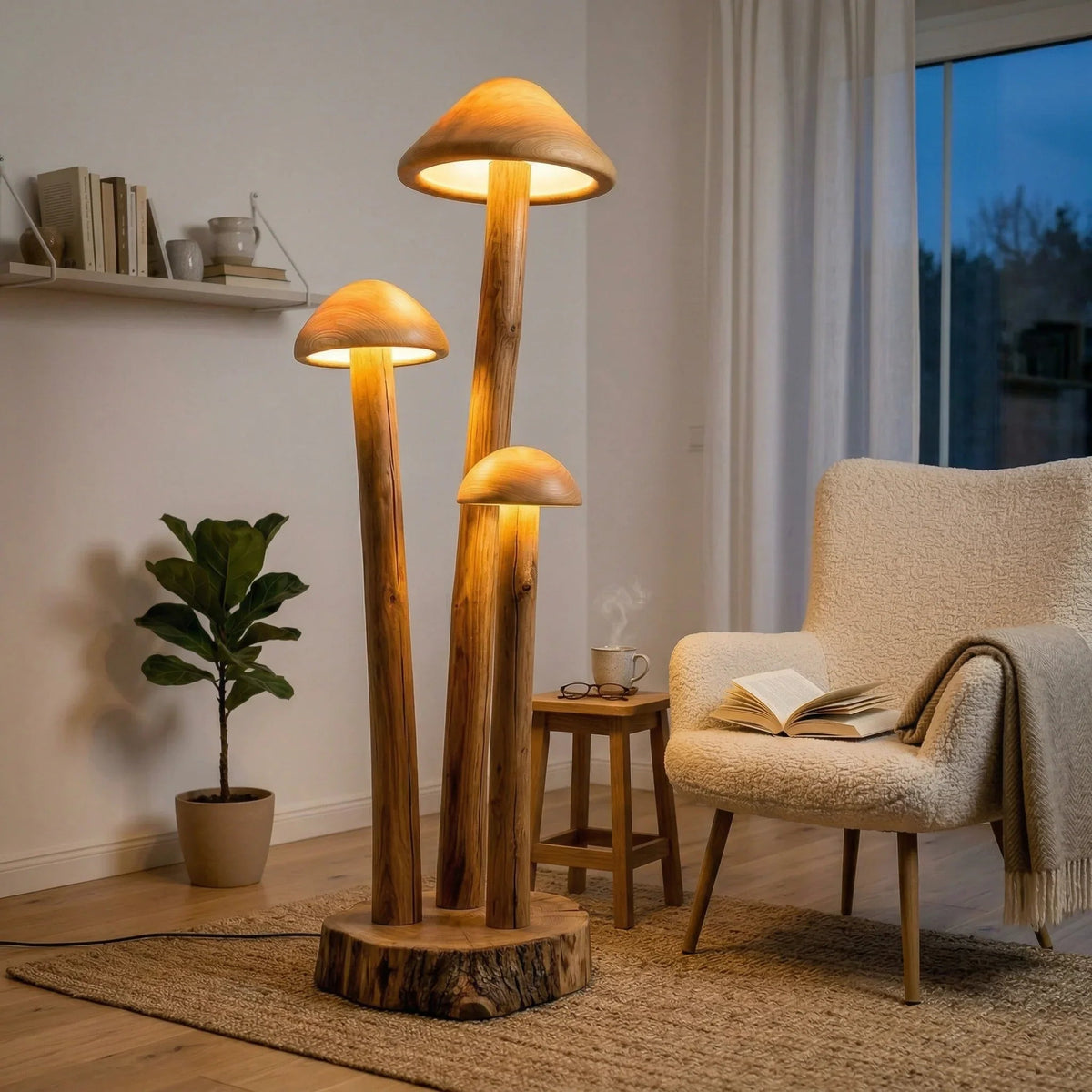 Drievoudige houten paddenstoel vloerlamp met koepelkappen in woonkamer