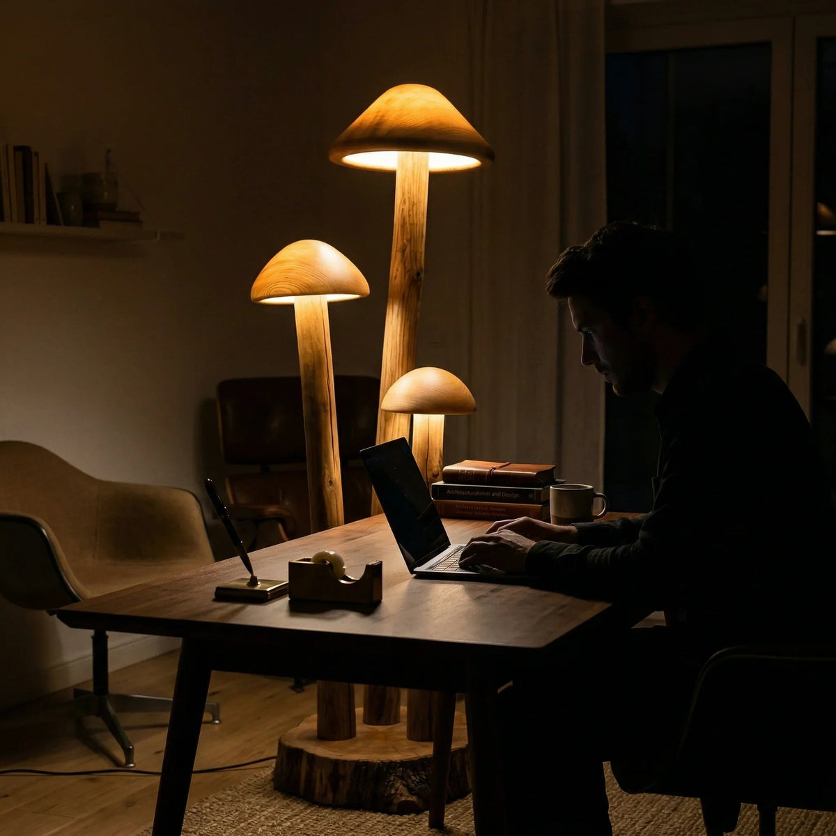 Houten paddenstoel cluster vloerlamp in een sfeervol thuiskantoor