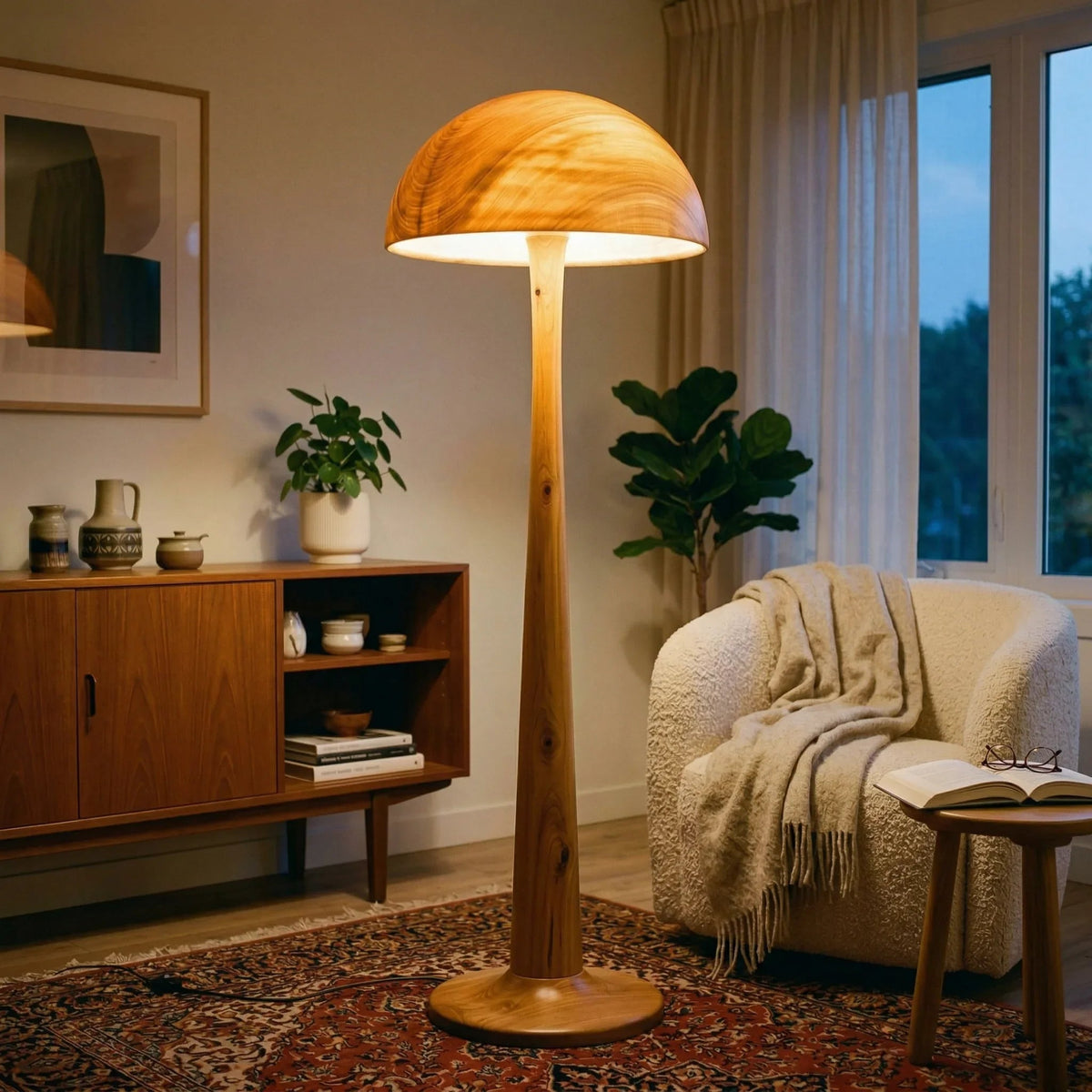 Massief houten paddenstoel vloerlamp met oplichtende koepelkap in woonkamer