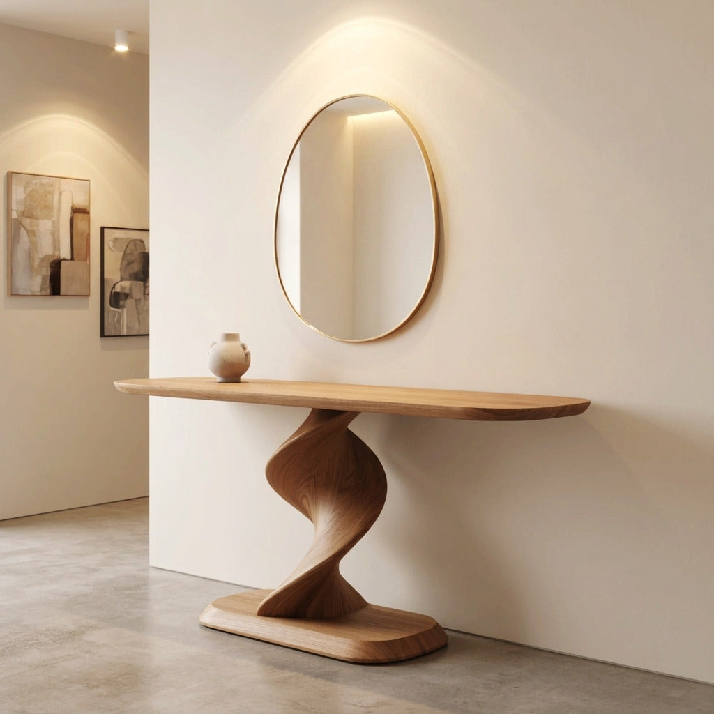 Moderne consoletafel van massief hout met gedraaid onderstel