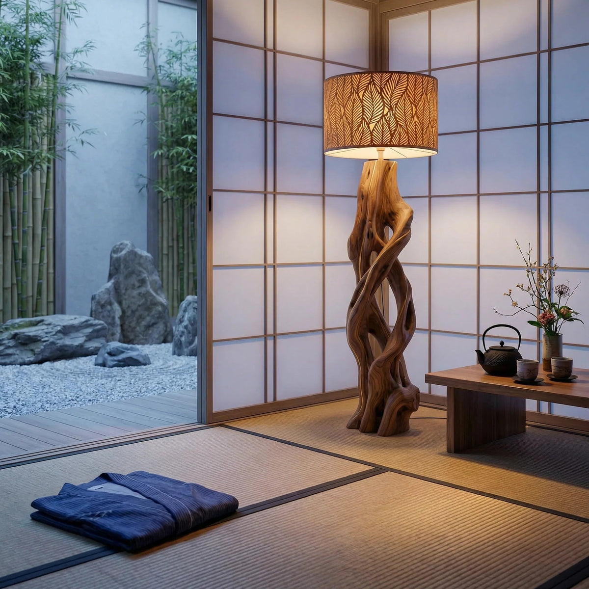 Houten staande lamp van kronkelende takken met botanische kap in Japanse kamer