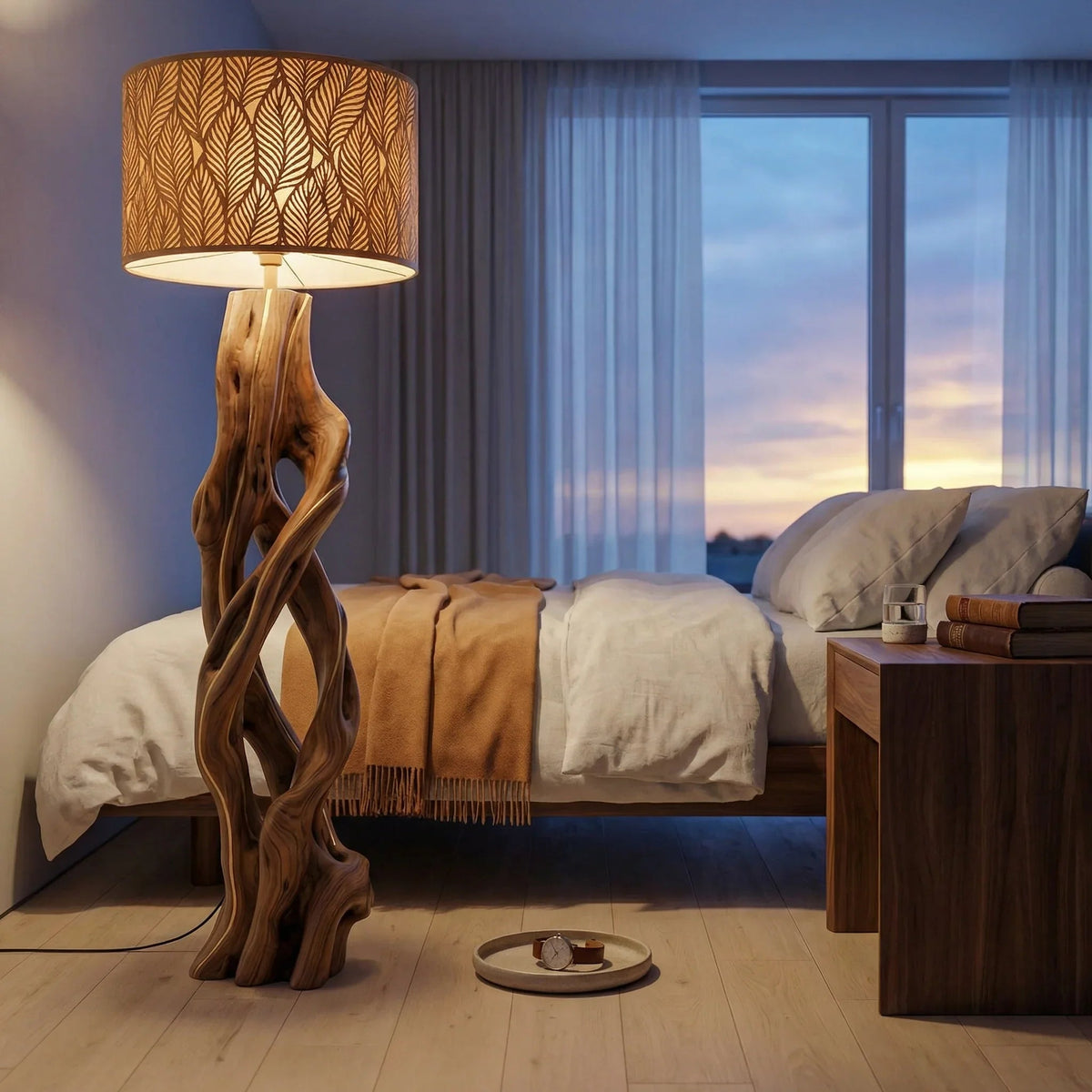 Twisted vine solid wood floor lamp with leaf-patterned shade in cozy bedroom setting
