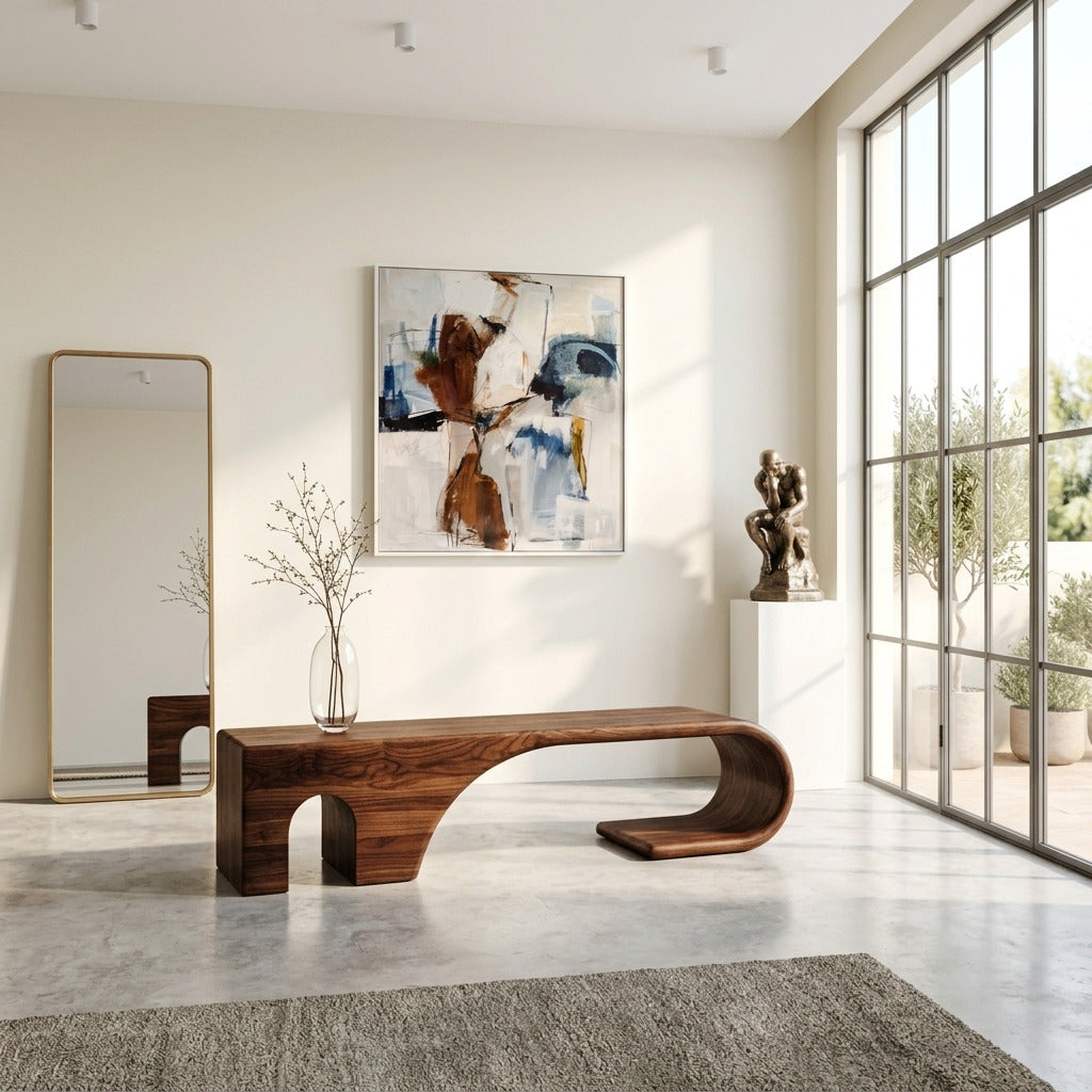Unieke gebogen massief houten entreebank in een moderne foyer