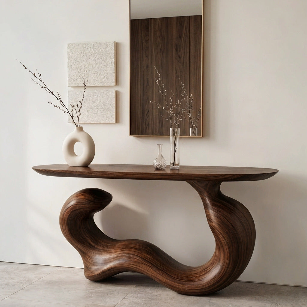 Japandi massief houten consoletafel in een moderne entree
