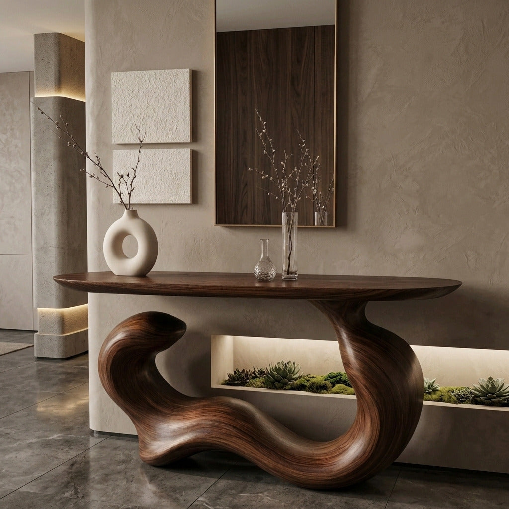 Sculptural curved console table in an elegant living space