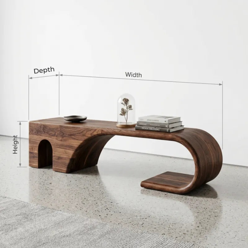 Gebogen Massief Houten Halbank - Sculpturale Zitbank Entree