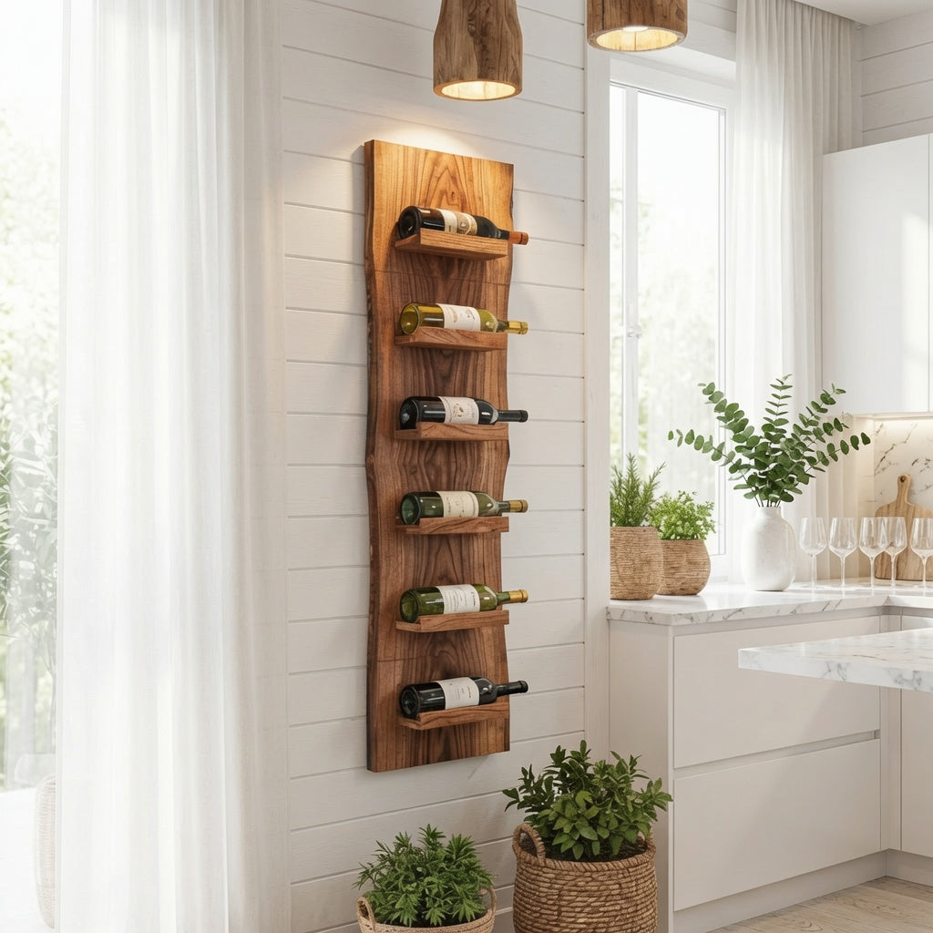 Handgemaakt houten wijnrek met flessen en glaswerk in een moderne keuken