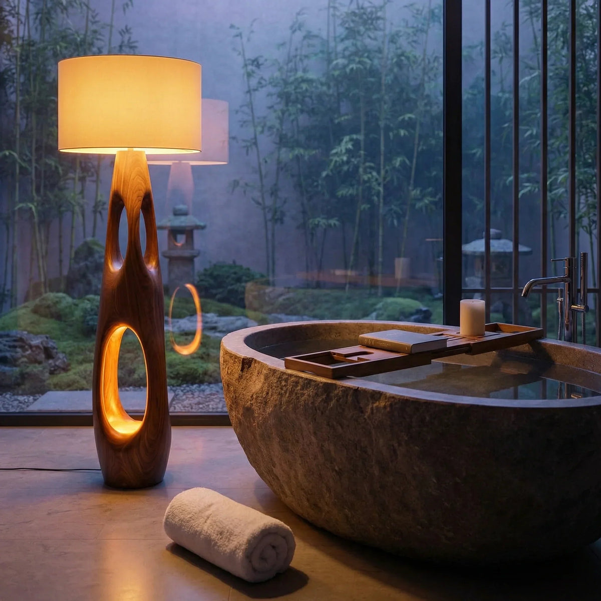Carved wood floor lamp with dual openings beside stone bathtub in modern bathroom