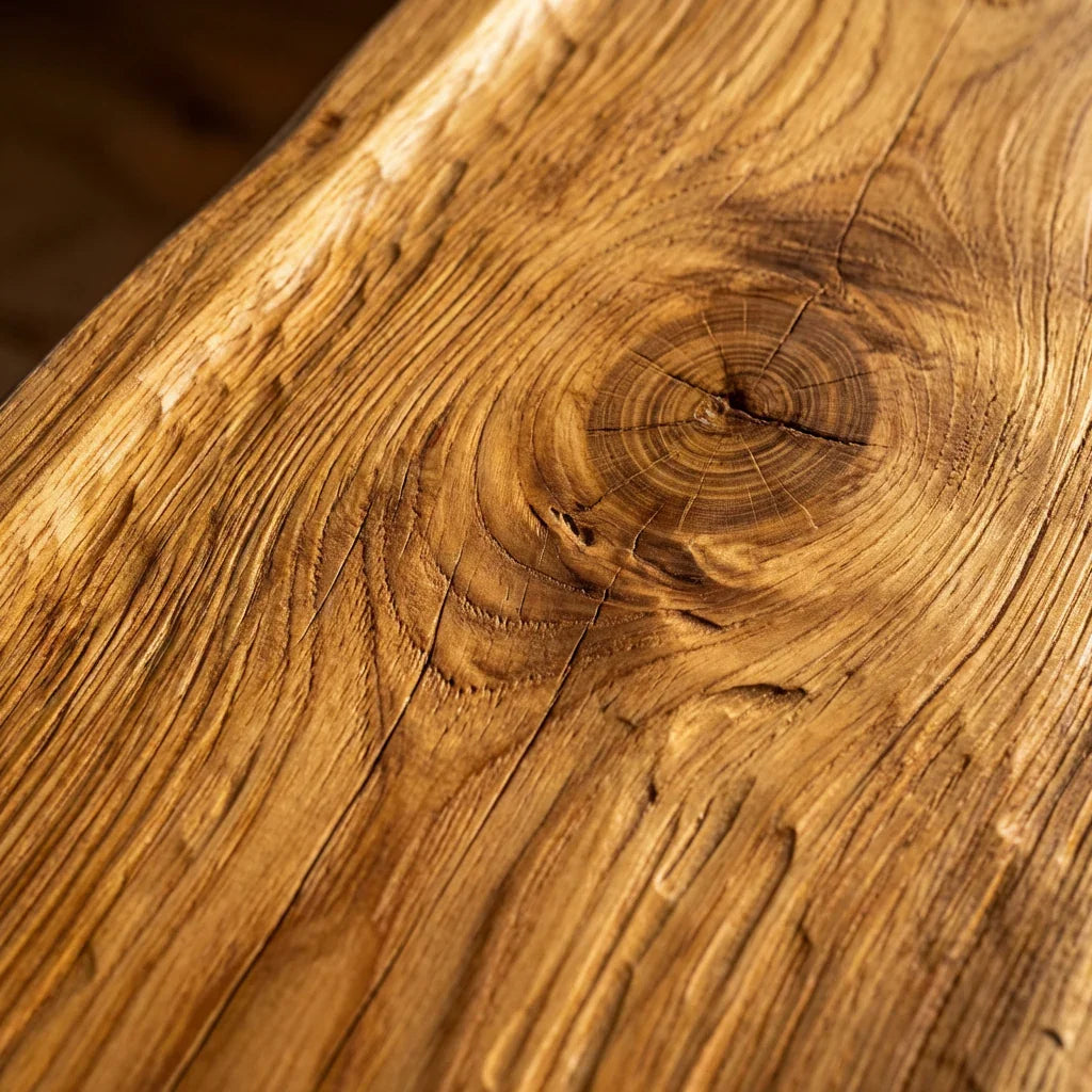 Floating mushroom shelf material detail featuring premium natural wood grain and knot