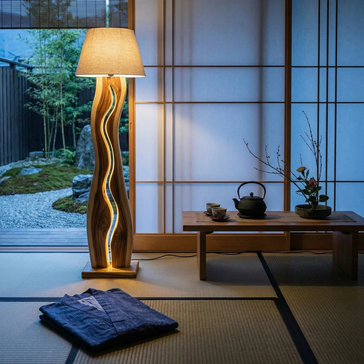 Wave channel wood floor lamp with LED strip in a modern Japanese-style room