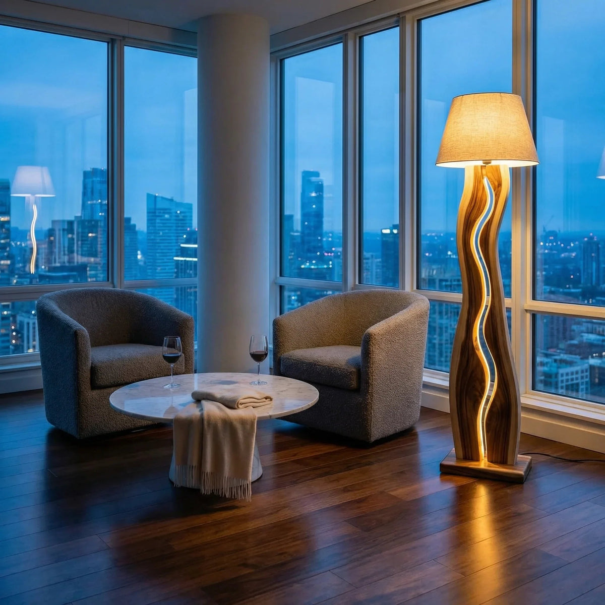 Wave channel wood floor lamp with LED strip in modern living room with city view