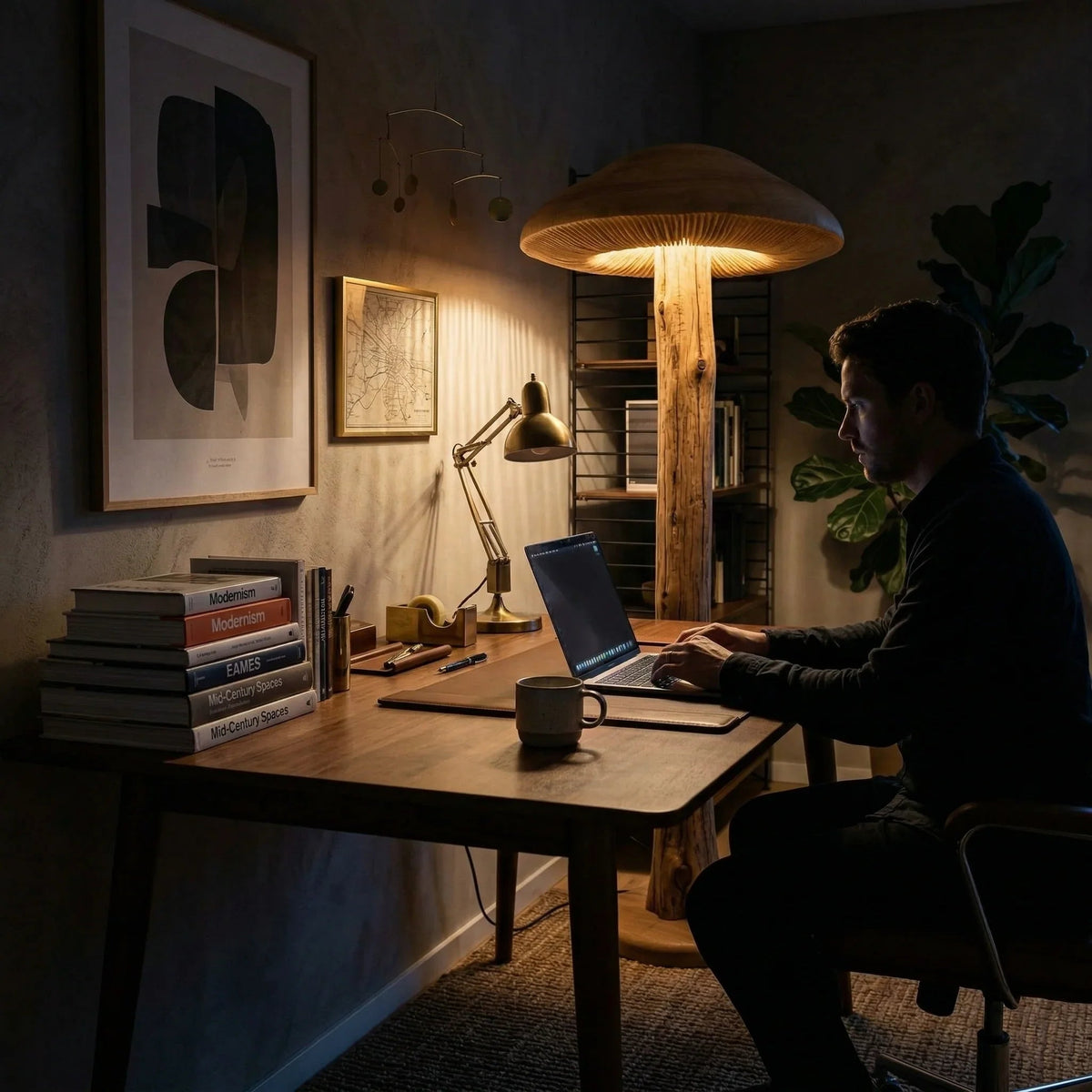 Brede parasol paddenstoel lamp met lamellen naast bureau in thuiskantoor