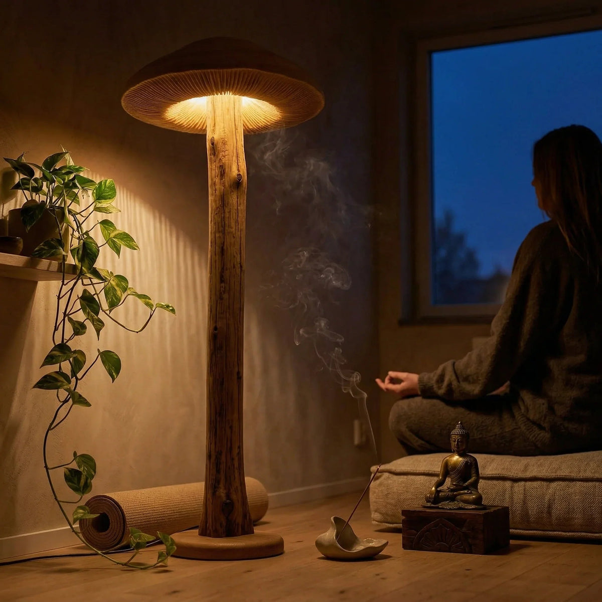 Wide parasol mushroom floor lamp with hand-carved gills, wood log stem in cozy yoga space