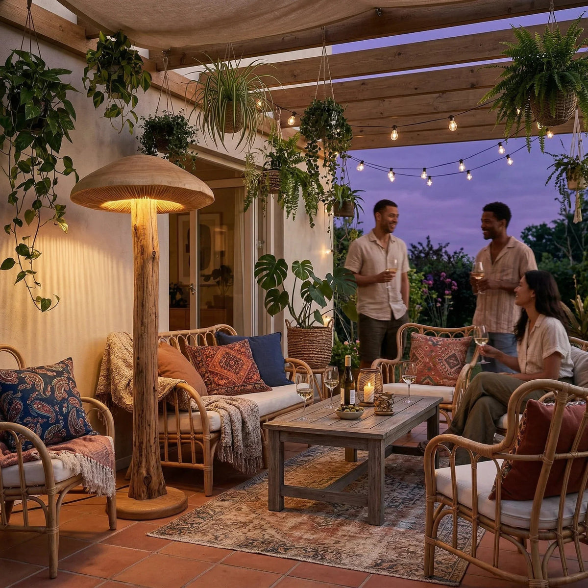 Wide mushroom-shaped wood floor lamp with carved gills on a cozy patio, surrounded by rattan furniture and hanging plants.