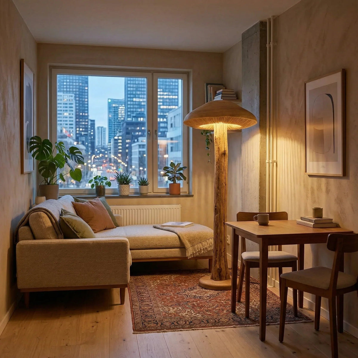 Wide parasol mushroom floor lamp with hand-carved wood stem and textured disc base in cozy living room