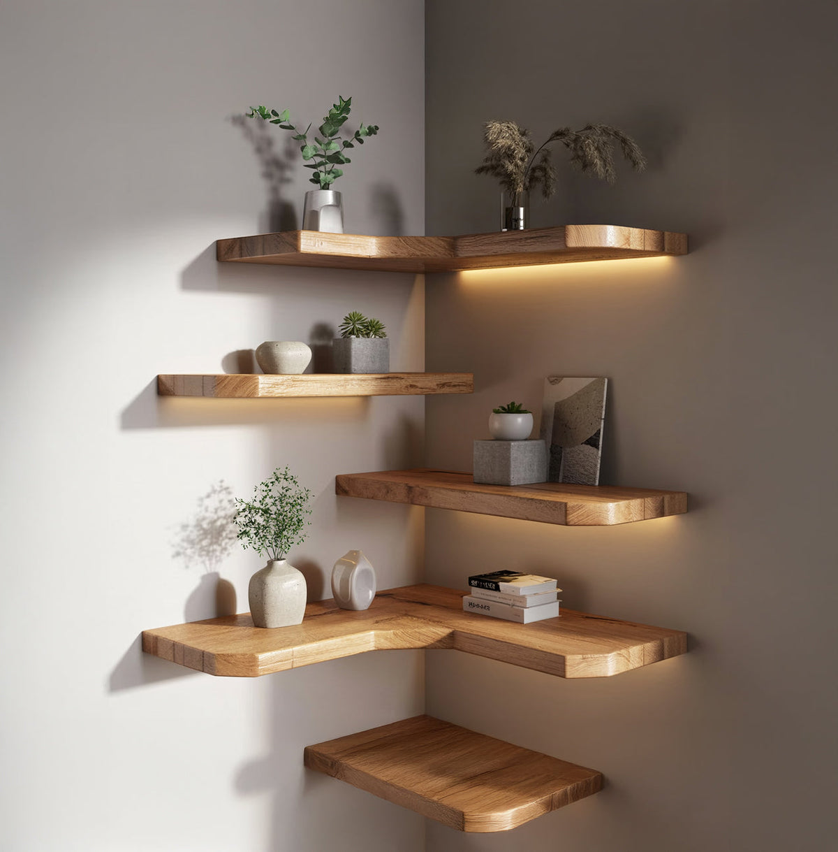 Houten hoekplanken met sterk zwevend ophangsysteem