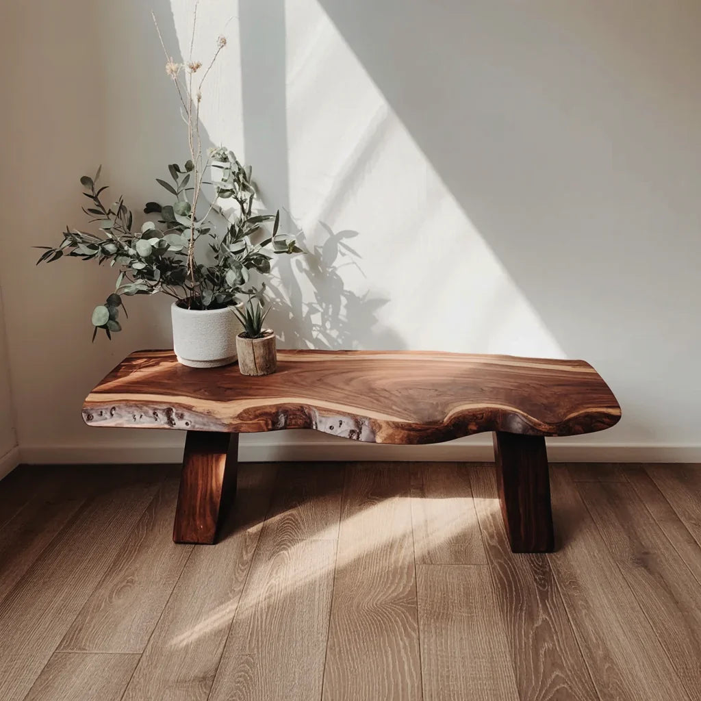 Minimalistische massief houten bank voor hal met rustiek design en natuurlijke houtnerf