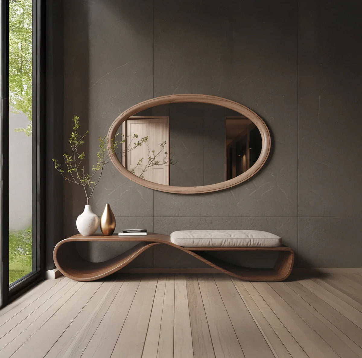 Handgemaakte houten bank met strakke lijnen voor entree en interieur