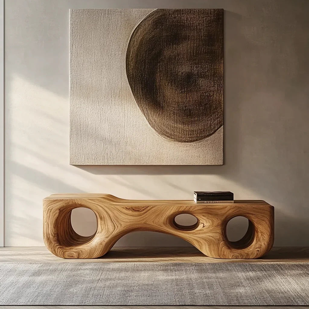 Handgemaakte sculpturale houten bank voor zitcomfort in slaapkamer of entree