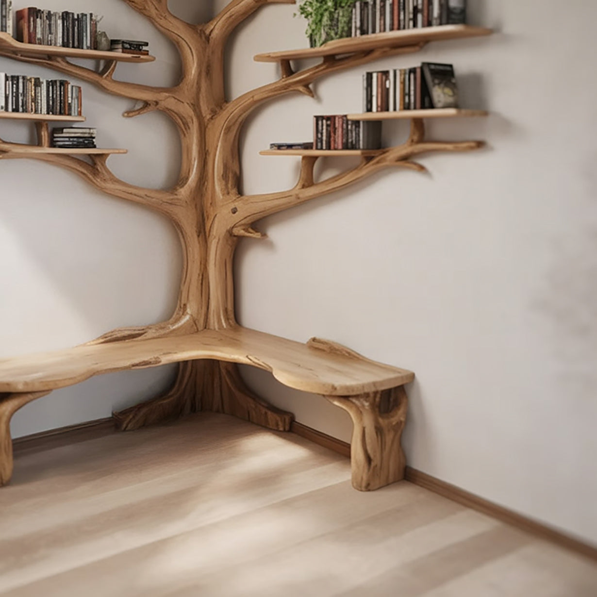 Houten Boom Plankbank – Artistieke Takken Boekenkast met Zitplaats
