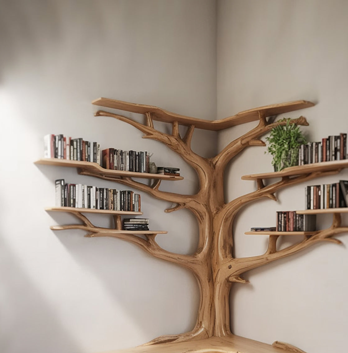 Houten Boom Plankbank – Artistieke Takken Boekenkast met Zitplaats