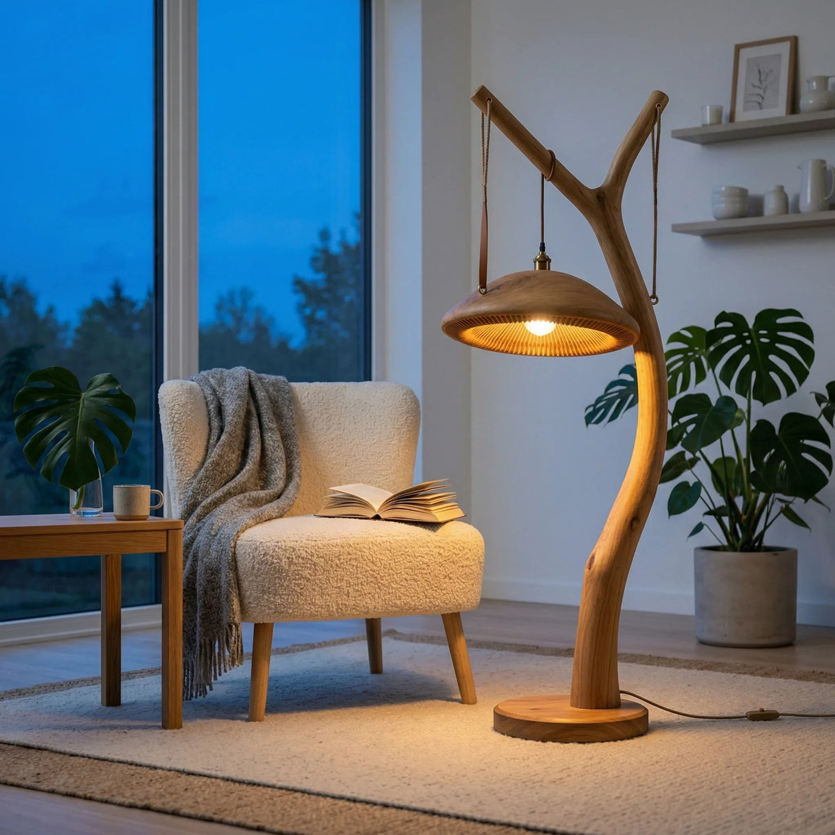 Massief houten vloerlamp met Y-takontwerp en hangende paddenstoelkap in woonkamer