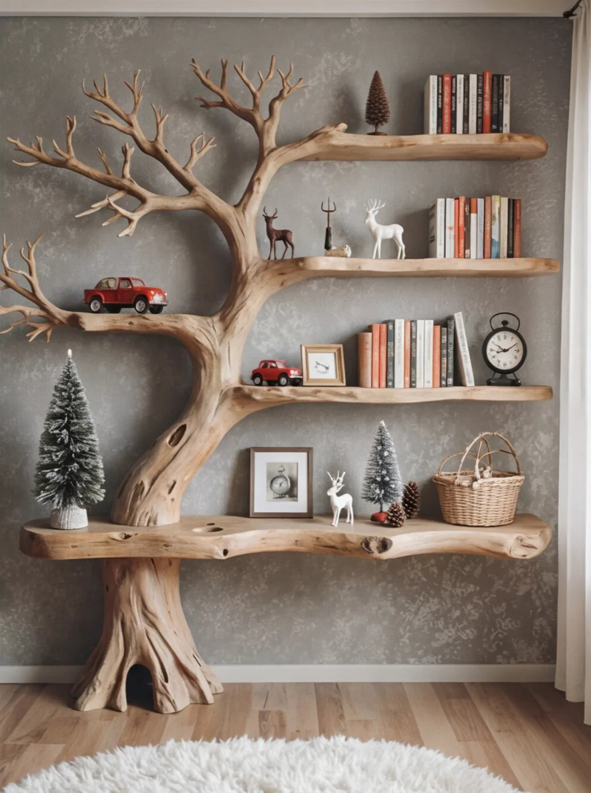 Boomvormige massief houten boekenplank met boeken en decoratieve figuren