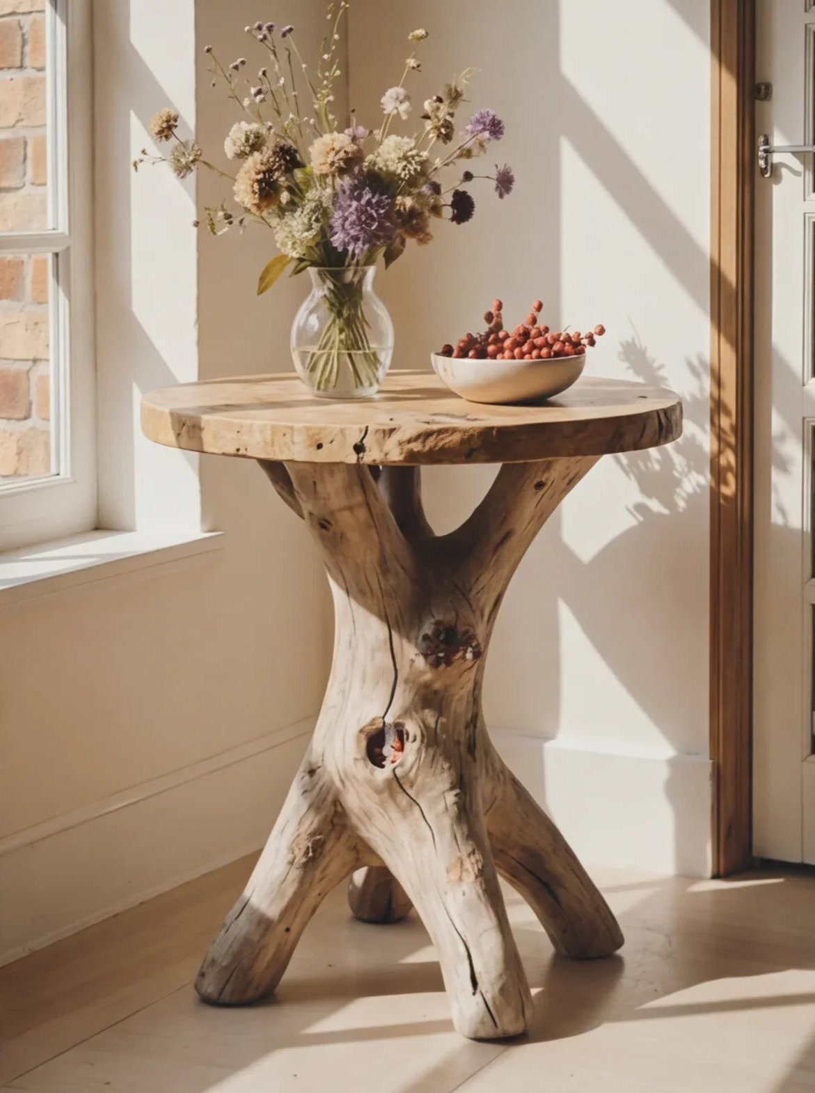 Zijtafel van massief hout met takpootjes en bloemenvaas in daglicht