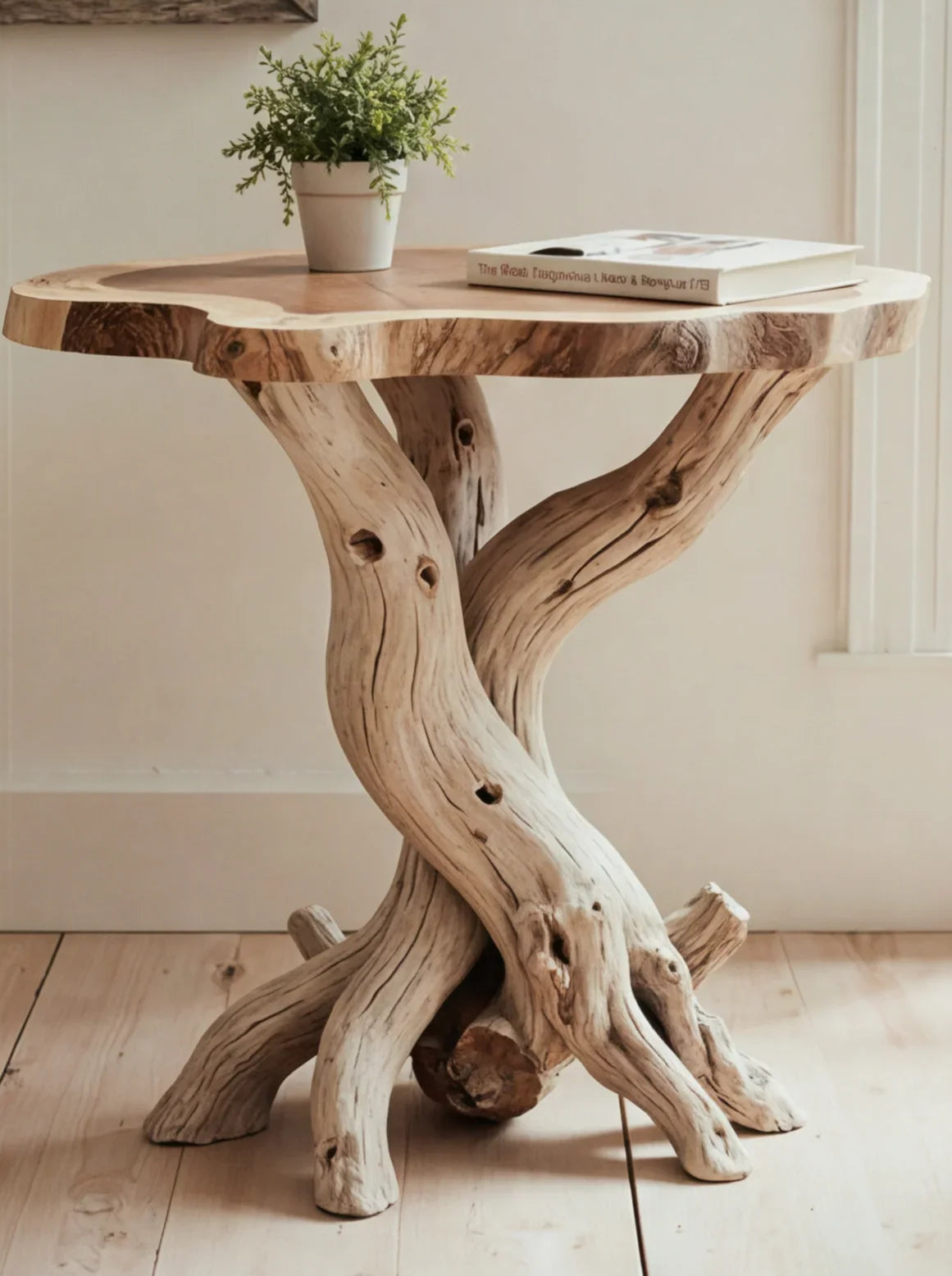 Unieke handgemaakte bijzettafel van massief hout in lichte woonkamer