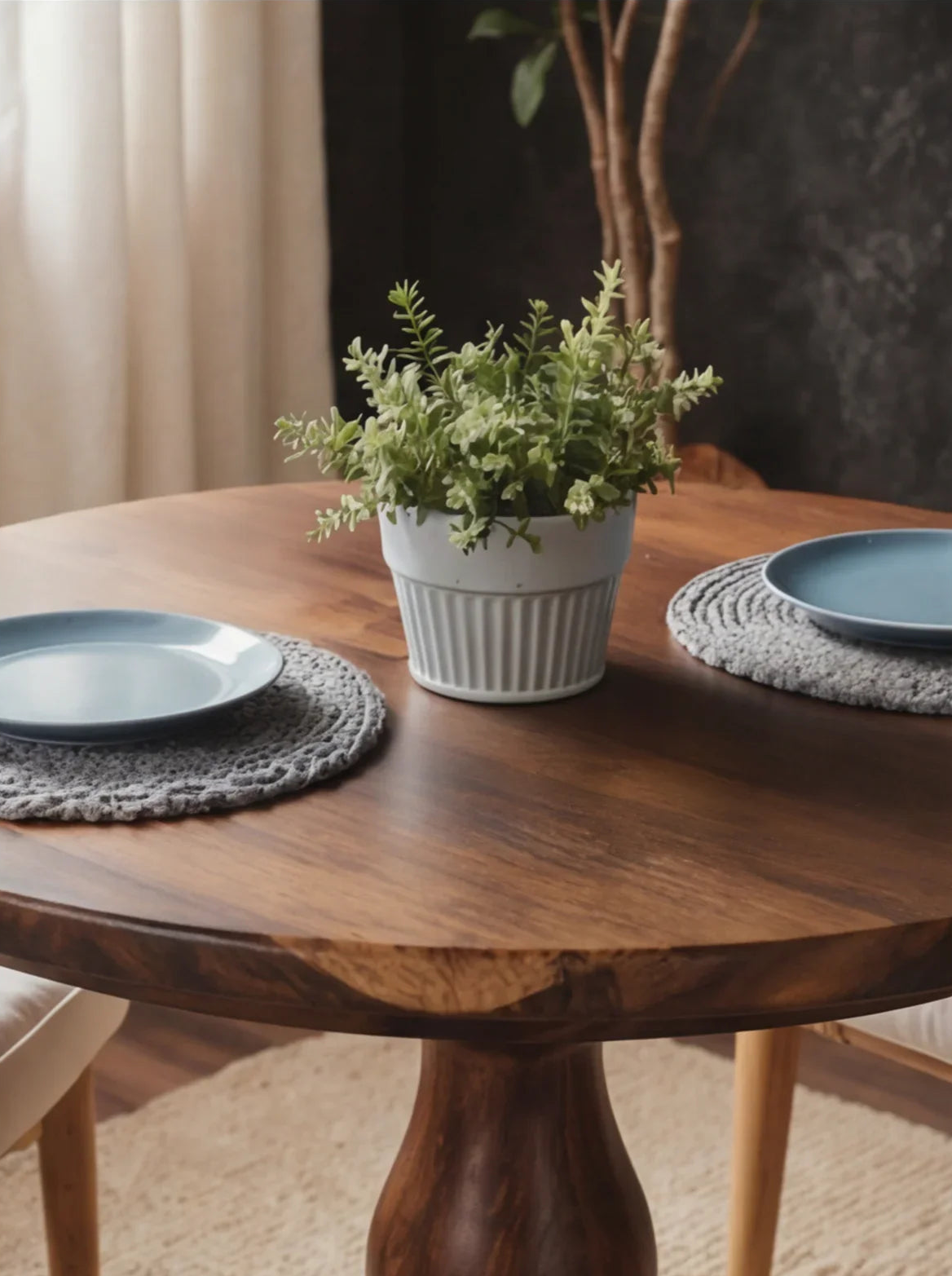 Ronde massief houten tafel met natuurlijke rand, plantdecoratie en servies
