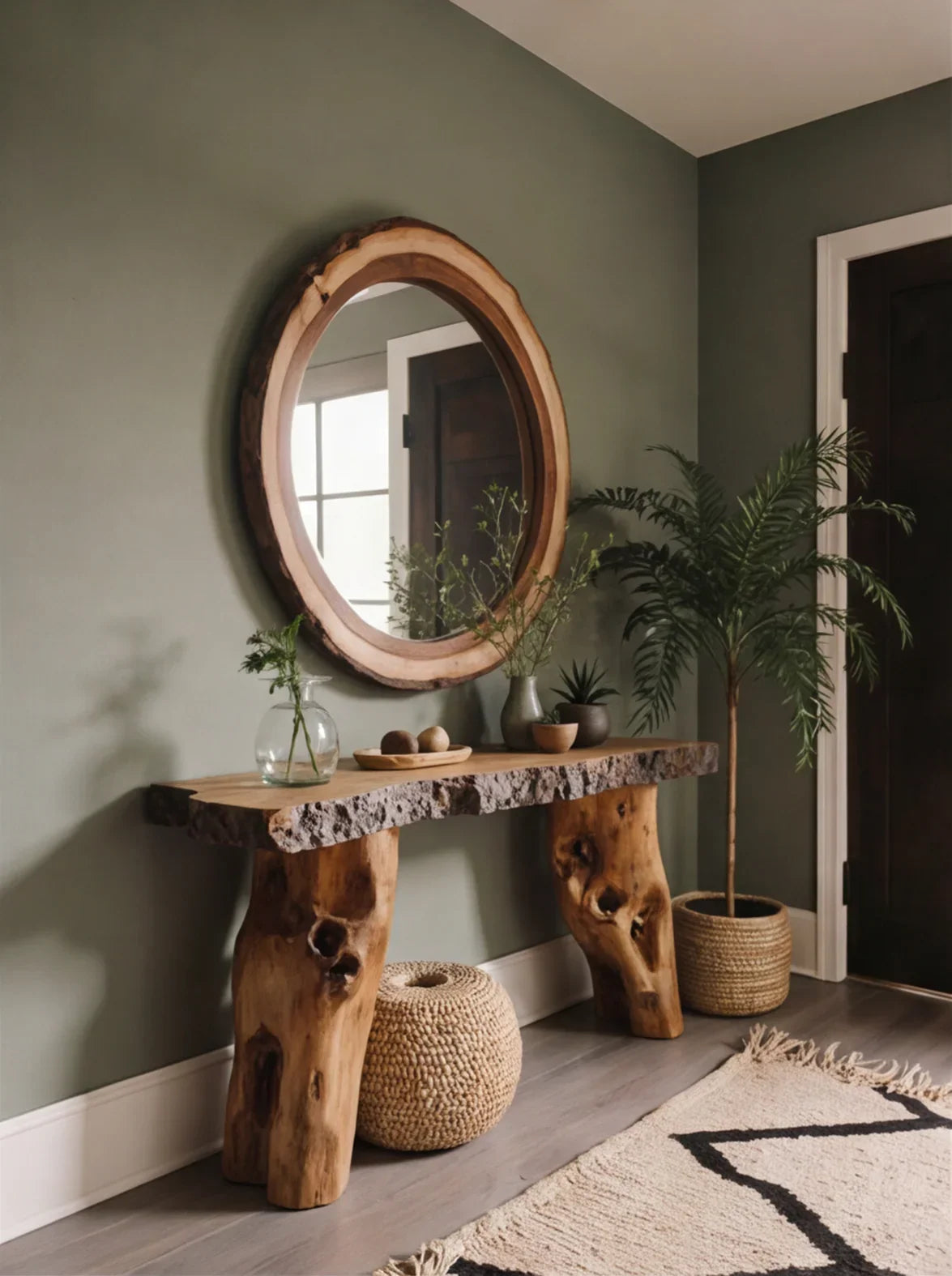 Boomrand houten consoletafel met rustieke spiegel en planten in de hal