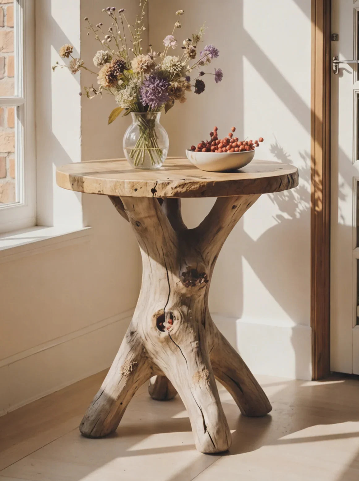 Massief houten tafel met boomstamvoet, droogbloemen en decoratie