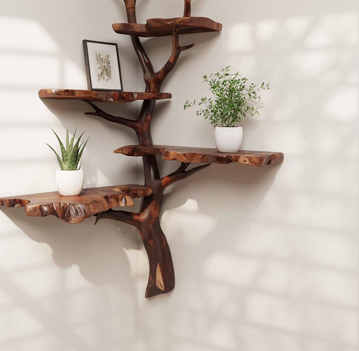 Hoek Live Edge Wandplank Van Drijfhout Boomtak – Zwevende Boekenplank