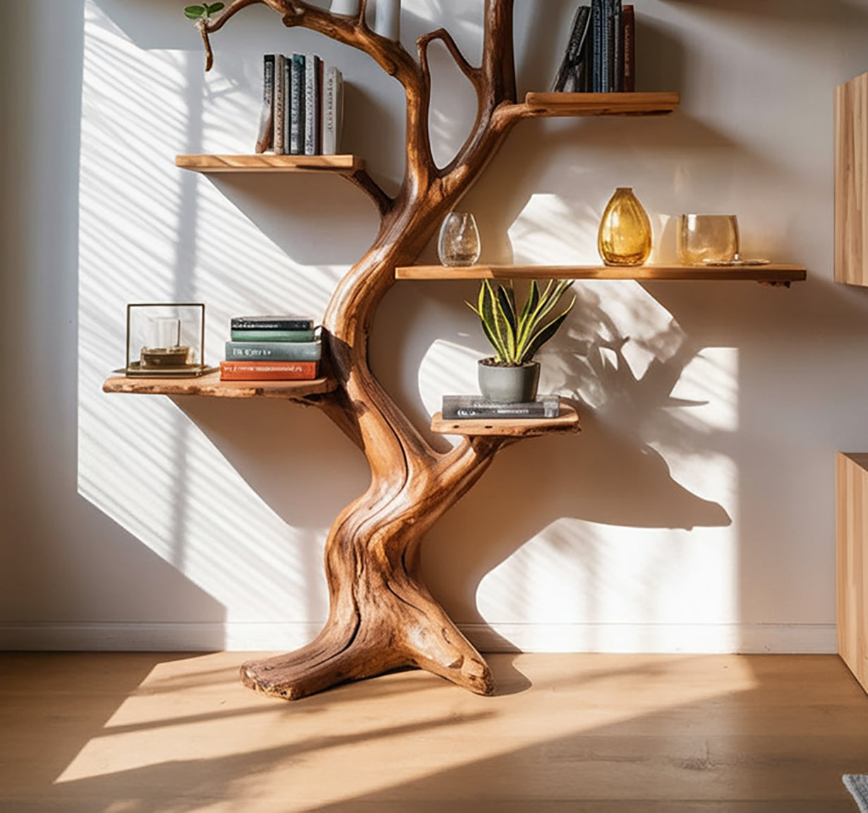 Decoratieve Boomstam Boekenkast – Grote Wandgemonteerde Houten Sculptuur