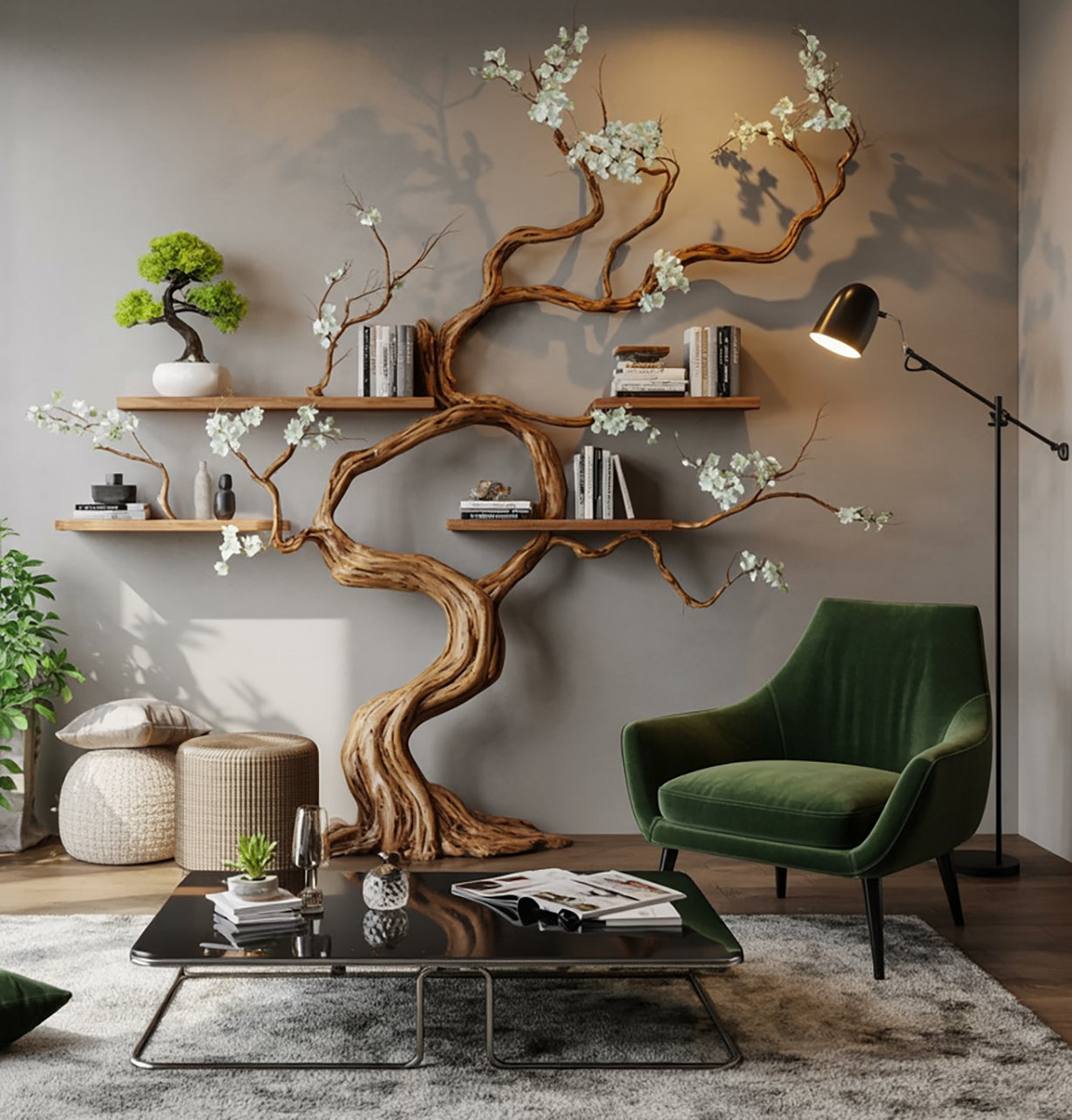 Handgemaakte Boomvormige Wandplank van Massief Hout – Wandkunst