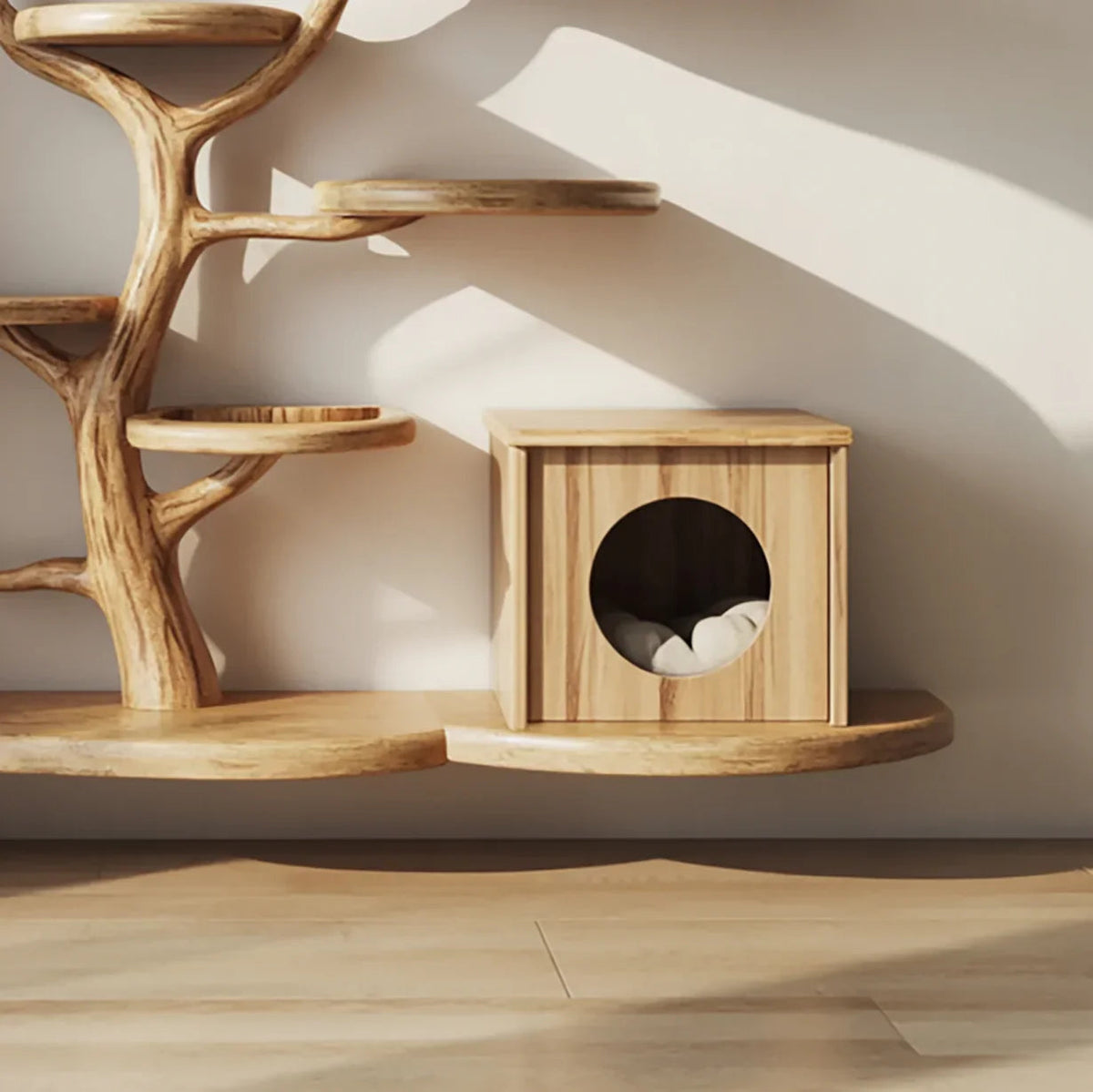 Mid-century houten kattentoren met stijlvol minimalistisch klimdesign
