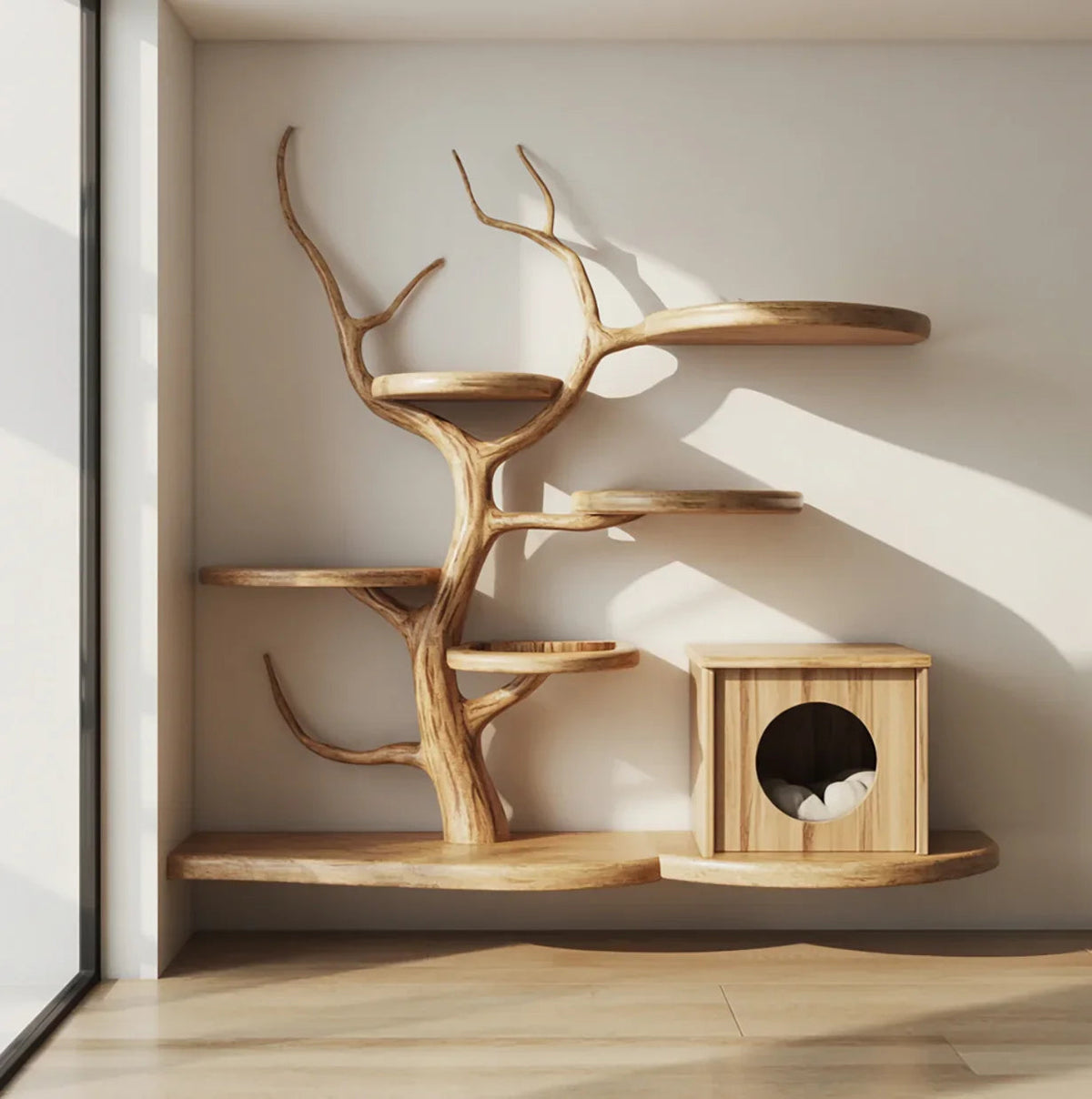 Mid-century houten kattentoren met stijlvol minimalistisch klimdesign