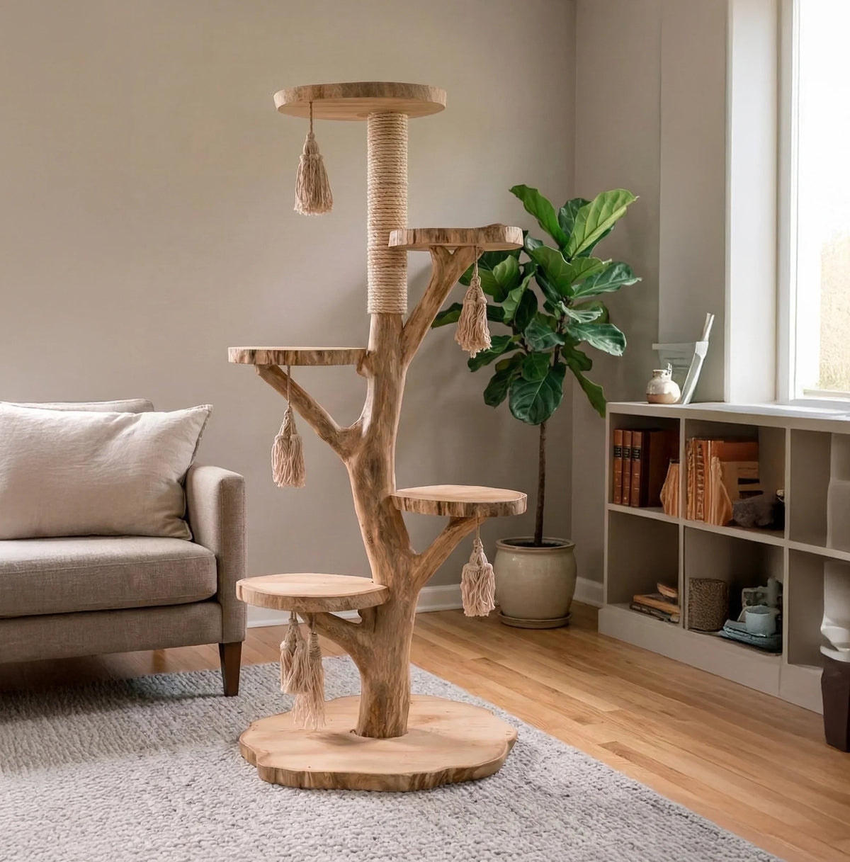 Sculpturale massief houten krabpaal in een eigentijdse lichte woonkamer