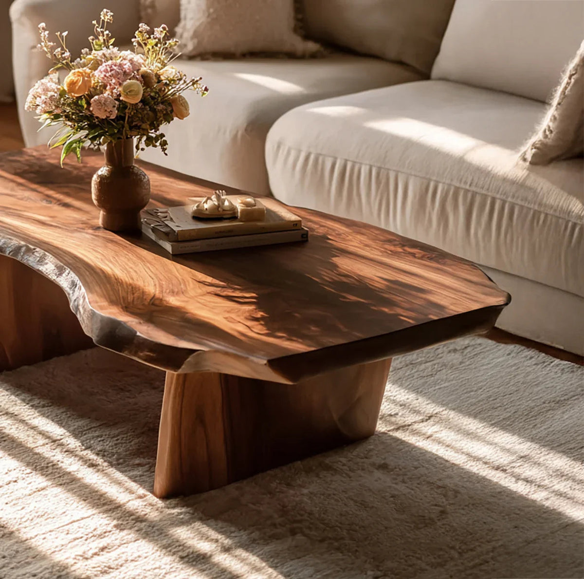 Handgemaakte massief houten salontafel in woonkamer met detail van houtnerven