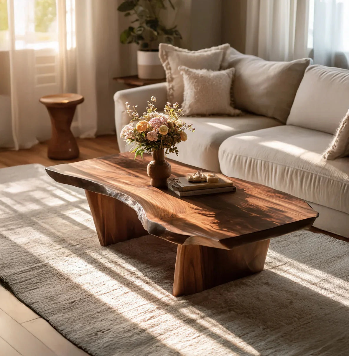 Handgemaakte massief houten salontafel in woonkamer met detail van houtnerven
